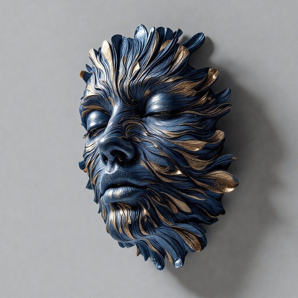 The primary subject of the image is a blue and gold sculpture of a face. The setting is a gray background, and the visual style appears to be a combination of digital art and illustration. The colors and mood of the image are predominantly blue and gold, giving it a unique and artistic appearance.